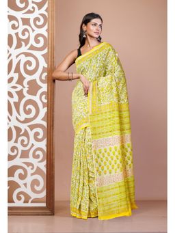 Unnati Silks - Yellow Pure Hand Block Chanderi Scio Saree With Unstitched Blouse
