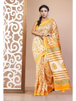 Unnati Silks - Orange Pure Hand Block Chanderi Scio Saree With Unstitched Blouse