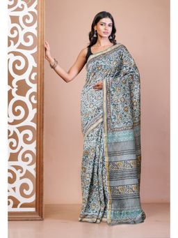 Unnati Silks - Grey Pure Hand Block Chanderi Scio Saree With Unstitched Blouse