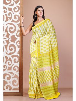Unnati Silks - Yellow Pure Hand Block Chanderi Scio Saree With Unstitched Blouse