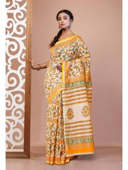 Unnati Silks - Orange Pure Hand Block Chanderi Scio Saree With Unstitched Blouse