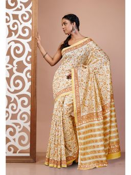 Unnati Silks - Cream Pure Hand Block Chanderi Scio Saree With Unstitched Blouse