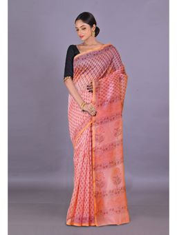Unnati Silks - Pink Block Printed Super Net Saree With Unstitched Blouse