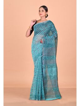 Unnati Silks - Turquoise Blue Block Printed Super Net Saree With Unstitched Blouse