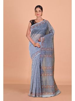 Unnati Silks - Grey Block Printed Super Net Saree With Unstitched Blouse