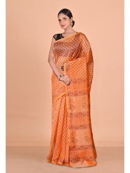 Unnati Silks - Orange Block Printed Super Net Saree With Unstitched Blouse
