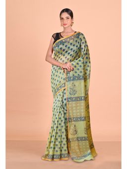 Unnati Silks - Green Block Printed Super Net Saree With Unstitched Blouse