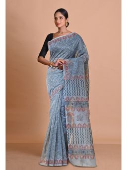 Unnati Silks - Grey Block Printed Super Net Saree With Unstitched Blouse
