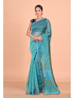 Unnati Silks - Turquoise Block Printed Super Net Saree With Unstitched Blouse