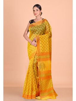 Unnati Silks - Yellow Block Printed Super Net Saree With Unstitched Blouse