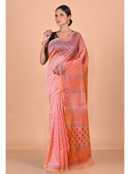 Unnati Silks - Pink Block Printed Super Net Saree With Unstitched Blouse