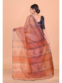 Unnati Silks - Pastel Peach Pink Block Printed Super Net Saree With Unstitched Blouse