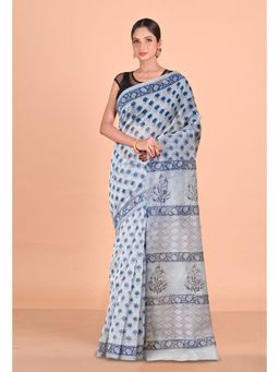 Unnati Silks - Grey Block Printed Super Net Saree With Unstitched Blouse