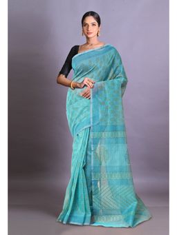 Unnati Silks - Turquoise Blue Block Printed Super Net Saree With Unstitched Blouse