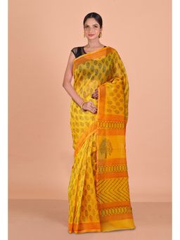 Unnati Silks - Yellow Block Printed Super Net Saree With Unstitched Blouse