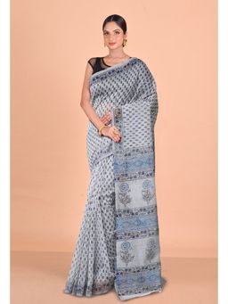 Unnati Silks - Grey Block Printed Super Net Saree With Unstitched Blouse