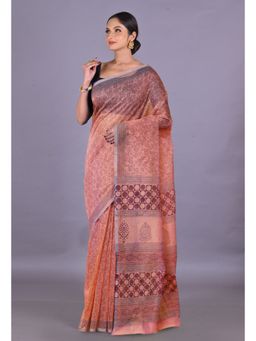 Unnati Silks - Pastel Peach Pink Block Printed Super Net Saree With Unstitched Blouse
