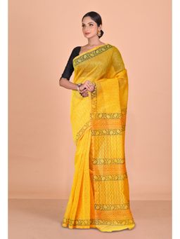 Unnati Silks - Yellow Block Printed Super Net Saree With Unstitched Blouse