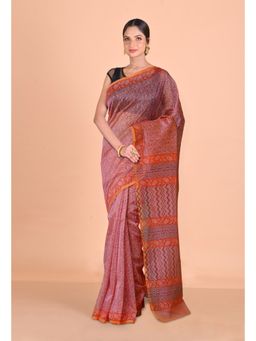 Unnati Silks - Pink Block Printed Super Net Saree With Unstitched Blouse