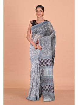Unnati Silks - Grey Block Printed Super Net Saree With Unstitched Blouse