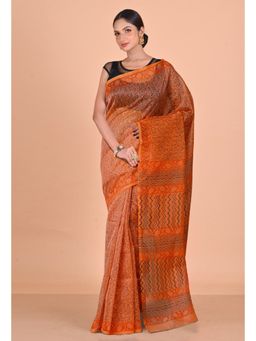 Unnati Silks - Orange Block Printed Super Net Saree With Unstitched Blouse