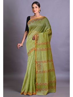 Unnati Silks - Green Block Printed Super Net Saree With Unstitched Blouse