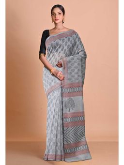 Unnati Silks - Grey Block Printed Super Net Saree With Unstitched Blouse