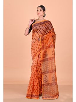 Unnati Silks - Orange Block Printed Super Net Saree With Unstitched Blouse