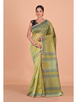 Unnati Silks - Green Block Printed Super Net Saree With Unstitched Blouse