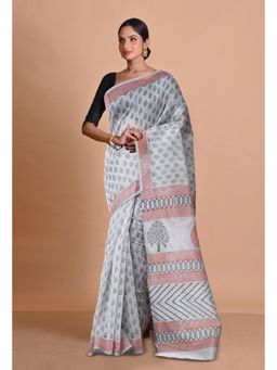 Unnati Silks - Grey Block Printed Super Net Saree With Unstitched Blouse