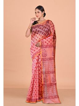 Unnati Silks - Pink Block Printed Super Net Saree With Unstitched Blouse