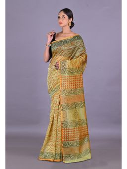 Unnati Silks - Green Block Printed Super Net Saree With Unstitched Blouse