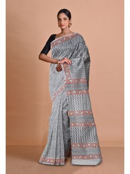 Unnati Silks - Grey Block Printed Super Net Saree With Unstitched Blouse