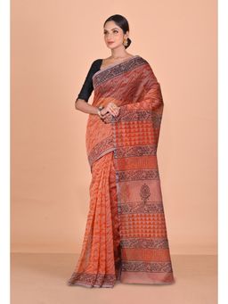 Unnati Silks - Pastel Peach Pink Block Printed Super Net Saree With Unstitched Blouse