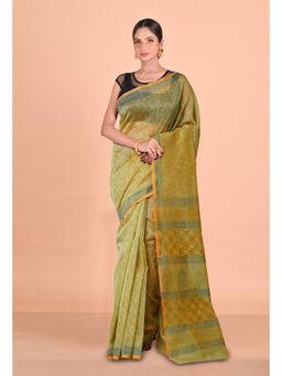 Unnati Silks - Green Block Printed Super Net Saree With Unstitched Blouse