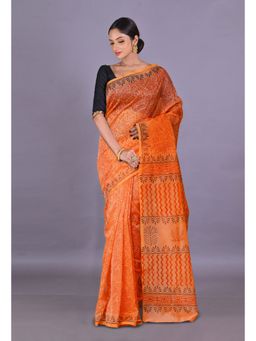 Unnati Silks - Orange Block Printed Super Net Saree With Unstitched Blouse