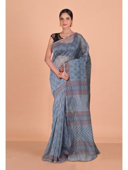 Unnati Silks - Grey Block Printed Super Net Saree With Unstitched Blouse