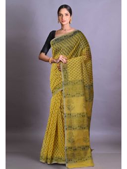 Unnati Silks - Yellow Block Printed Super Net Saree With Unstitched Blouse
