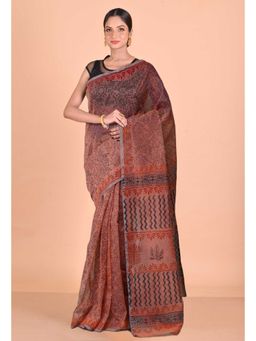Unnati Silks - Pastel Peach Pink Block Printed Super Net Saree With Unstitched Blouse