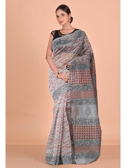 Unnati Silks - Grey Block Printed Super Net Saree With Unstitched Blouse