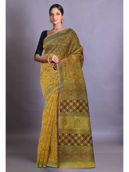 Unnati Silks - Yellow Block Printed Super Net Saree With Unstitched Blouse