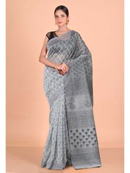 Unnati Silks - Grey Block Printed Super Net Saree With Unstitched Blouse