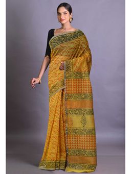 Unnati Silks - Yellow Block Printed Super Net Saree With Unstitched Blouse