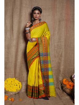 Unnati Silks - Lemon Yellow Pure Handloom Narayani Cotton Saree With Unstitched Blouse
