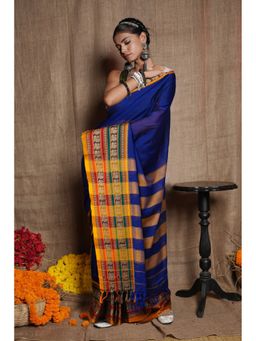Unnati Silks - Navy Blue Pure Handloom Narayani Cotton Saree With Unstitched Blouse