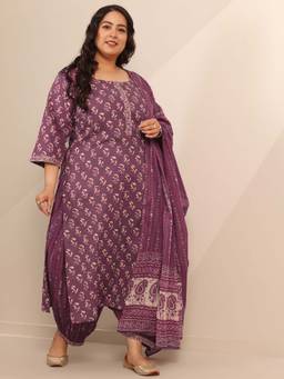 Extra love by Libas - Plus Size Women Mauve Printed Kurta and Salwar with Dupatta