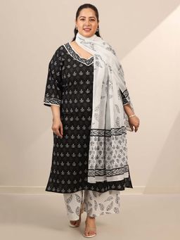 Extra love by Libas - Black Printed Kurta and Palazzo with Dupatta (Set of 3)