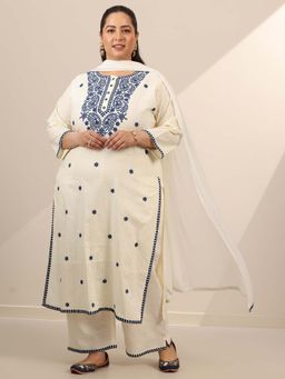 Extra love by Libas - Off White Embroidered Kurta and Palazzo with Dupatta (Set of 3)