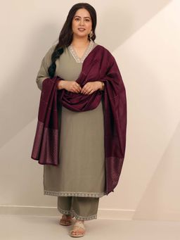 Extra love by Libas - Beige Solid Kurta and Palazzo with Dupatta (Set of 3)