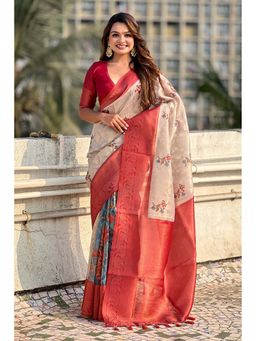 Mysilklove - Red Woven Saree with Unstitched Blouse